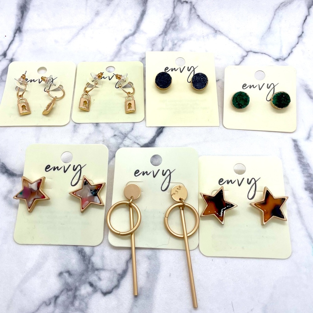 7 Pairs New Envy Earrings Gold Tone Post Back Style Variety